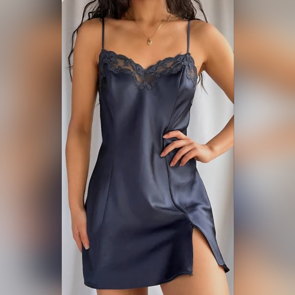 New Navy Blue Lace Trim Slip Dress